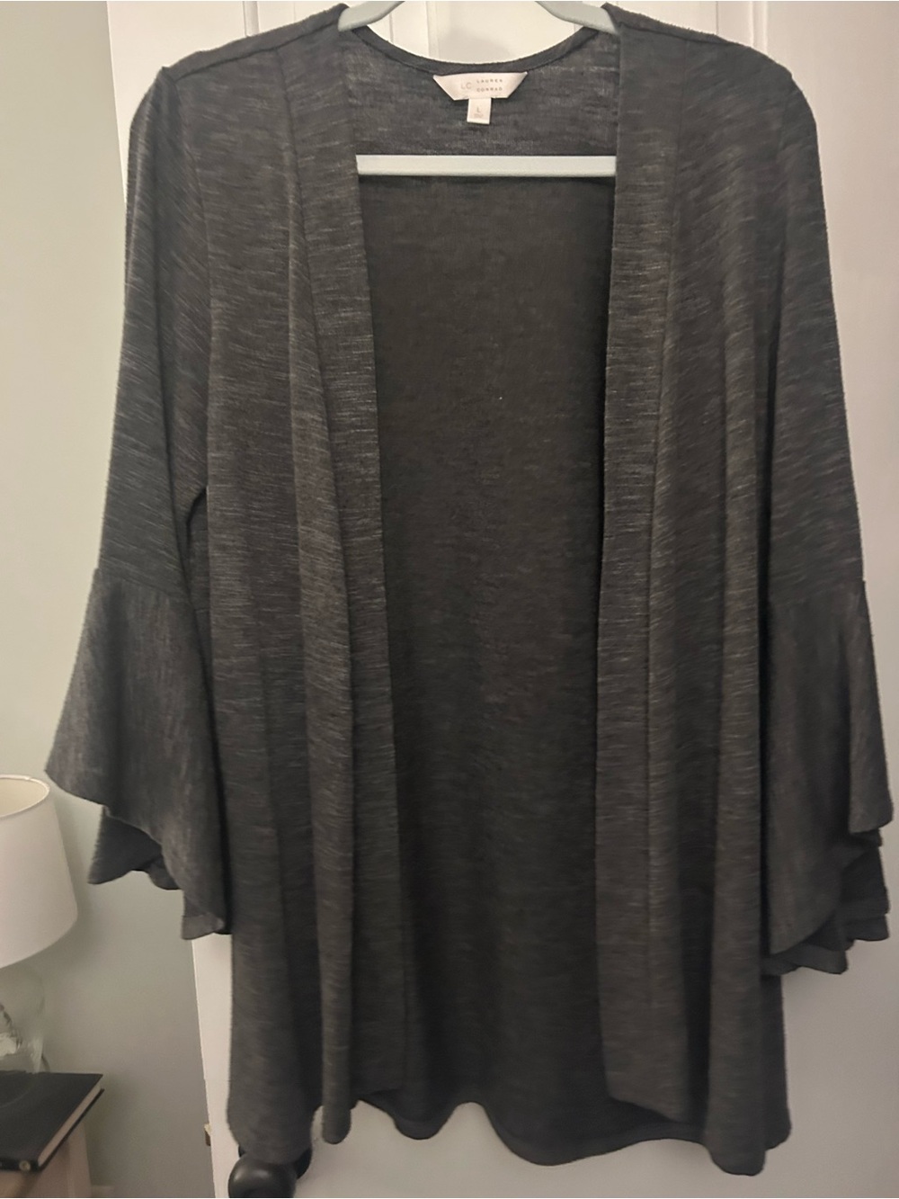 LC Lauren Conrad Dark Charcoal Gray Open Front Ruffle Sleeve Cardigan